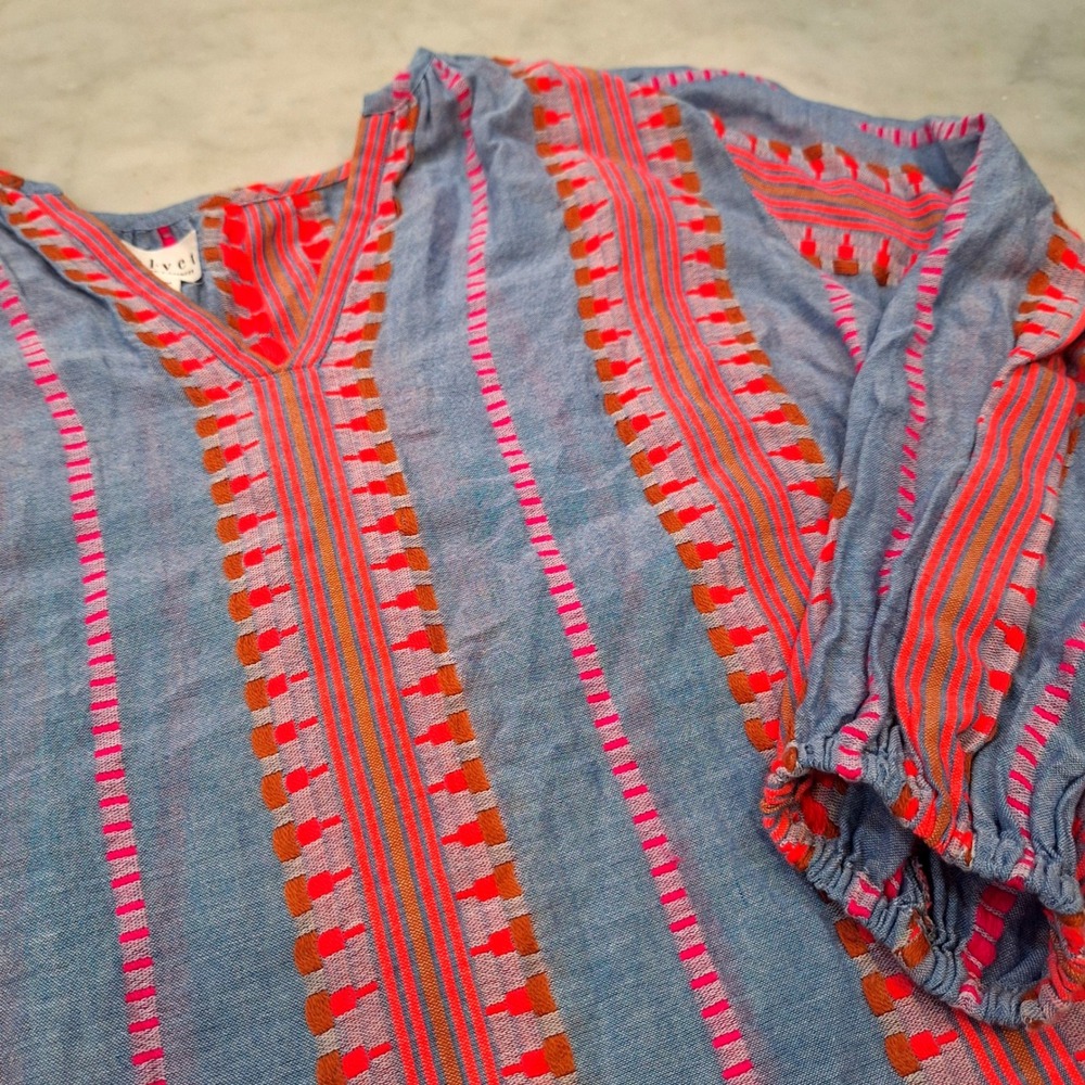 Anthropologie Velvet Graham‎ & Spencer Blouse Lg Blue Neon Pink Embroidered Boho - Picture 2 of 10